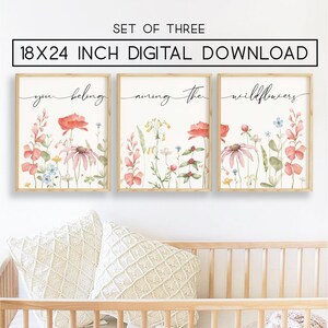 set di stampe ad acquerello fiore selvatico di 3 18x24 pollici, fiore di papavero ad acquerello, stampe a tema floreale, appartieni tra i fiori selvatici citazione