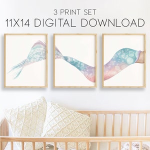Mermaid Tail stampa Little Girls Room Modern Nursery Decor , Set di 3 sirena 11x14, Modern Magical Mermaid stampa camera per ragazze grandi