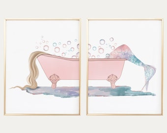 2 print set mermaid in bath tub art printed and shipped, mermaid tail bathroom decor, mermaid themed bathroom art print set