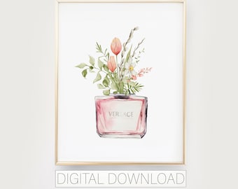 Watercolor Boquet in perfume bottle, fashion bathroom Perfume print, Fashion poster print, Vanity Art Print, Dressing room Decor, pink decor