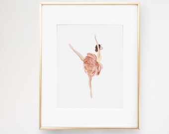 May include: A framed illustration of a ballerina wearing a pink flower-shaped tutu. The ballerina is in mid-air, with one leg extended and the other bent at the knee. The background is white.