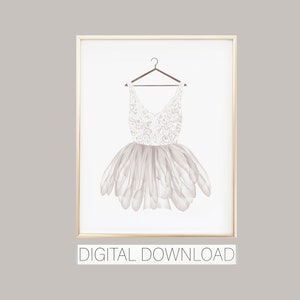 Abito da ballerina bianco stampabile, stampa a parete con tutù color crema, abito da balletto viola download digitale, camera da letto per ragazze con tutu di balletto