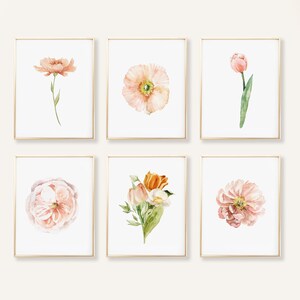 rose and tulip floral watercolor print set of 6, watercolor garden wall art, flower themed art prints, spring themed floral display wall