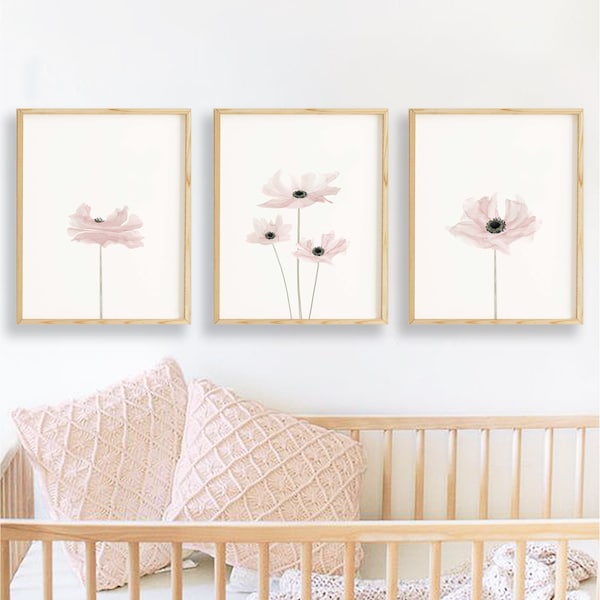 delicate pink floral watercolor prints set of 3, abstract pink watercolor poppy flower, flower themed nursery prints, abstract anemone