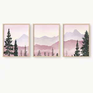 Girls Woodland Forrest Mountain Watercolor Nursery Print Set, Pink fog Forest 3 Piece Wall Art Print, Forest Landscape Art Pink and purple