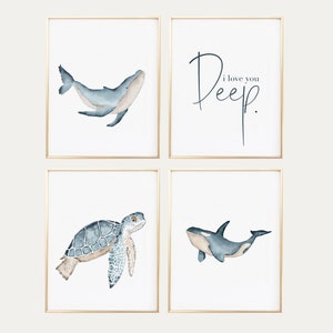 sea nursery decor, ocean animal wall art set of 4, Nautical Nursery Decor, ocean themed bathroom prints, marine life art, beach wall art,