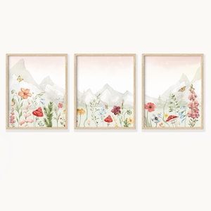 girls woodland mountain wildflower watercolor set, mountain meadow prairie prints set of 3 unframed or framed in solid oak, gold, or black.