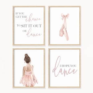4 print set ballerina prints for girls room, i hope you dance quote wall art, ballet art unframed or framed in solid oak, black and gold.