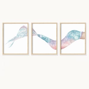 Set of 3 Mermaid Tail Print Little Girls Room, Modern Magical Mermaid unframed or framed in solid oak, black or gold.