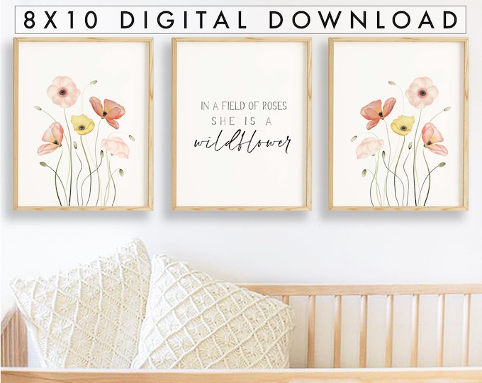 Wildflower Watercolor Prints Set of 3 16x20 Inch, Watercolor Poppy ...