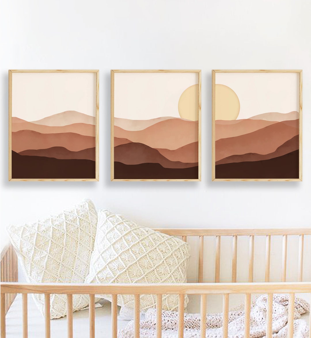 Boho Mountain Watercolor Print Set of 3, Abstract Mid Century Modern ...