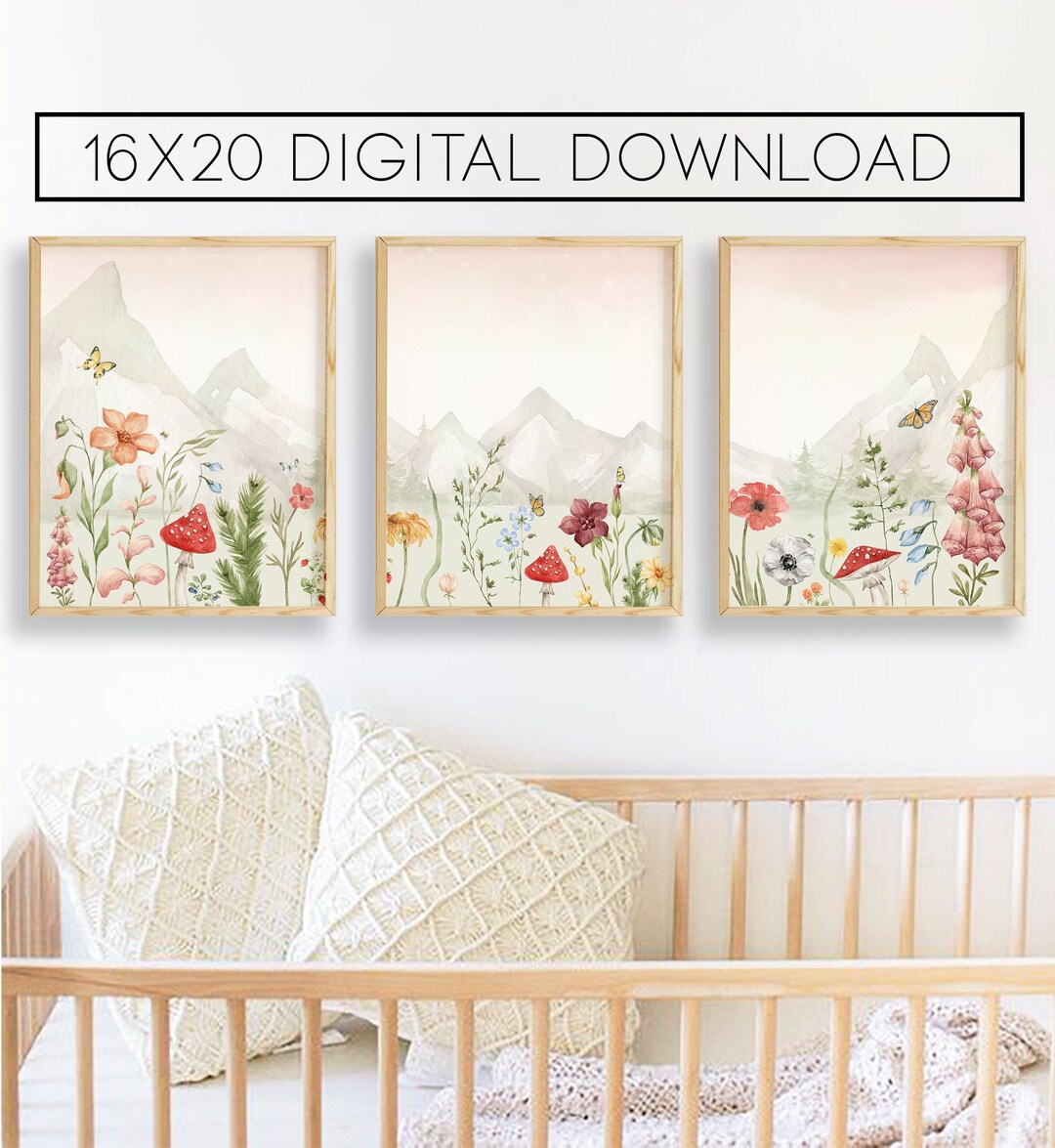16x20 DIGITAL DOWNLOAD Girls Woodland Watercolor Wildflowers Prints Set ...
