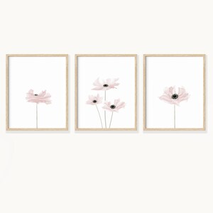 Dainty Pink floral watercolor prints set of 3, abstract watercolor pink anemone wildflowers unframed or framed in solid oak, black, or gold.