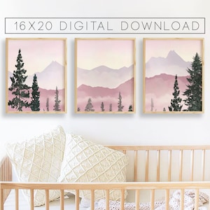 pink watercolor woodland forrest pine trees 16x20 digital download,  mountain theme wall art, woodland print set of three panoramic