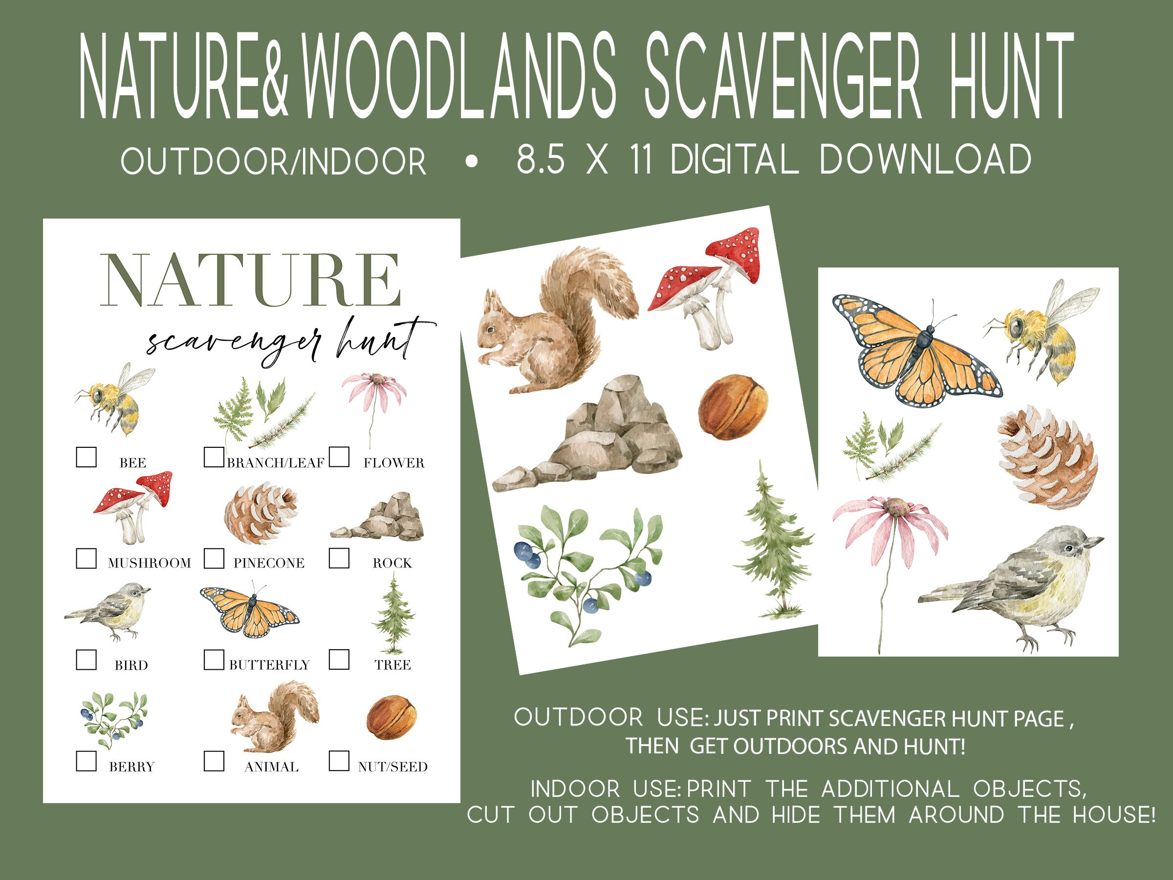 Printable Nature Scavenger Hunt for Kids, Watercolor Printable Activity ...