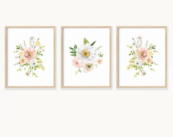 Girl Nursery Blush Pink Watercolor Floral Bouquets, Watercolor Pink Floral Prints Unframed Or Framed in Solid Oak, Gold, Or Black.