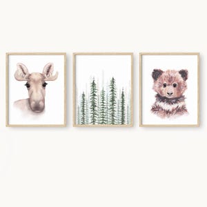 Watercolor Woodland Forest Animal Nursery Print Set, moose bear pine tree prints unframed or framed with solid oak, gold or black.