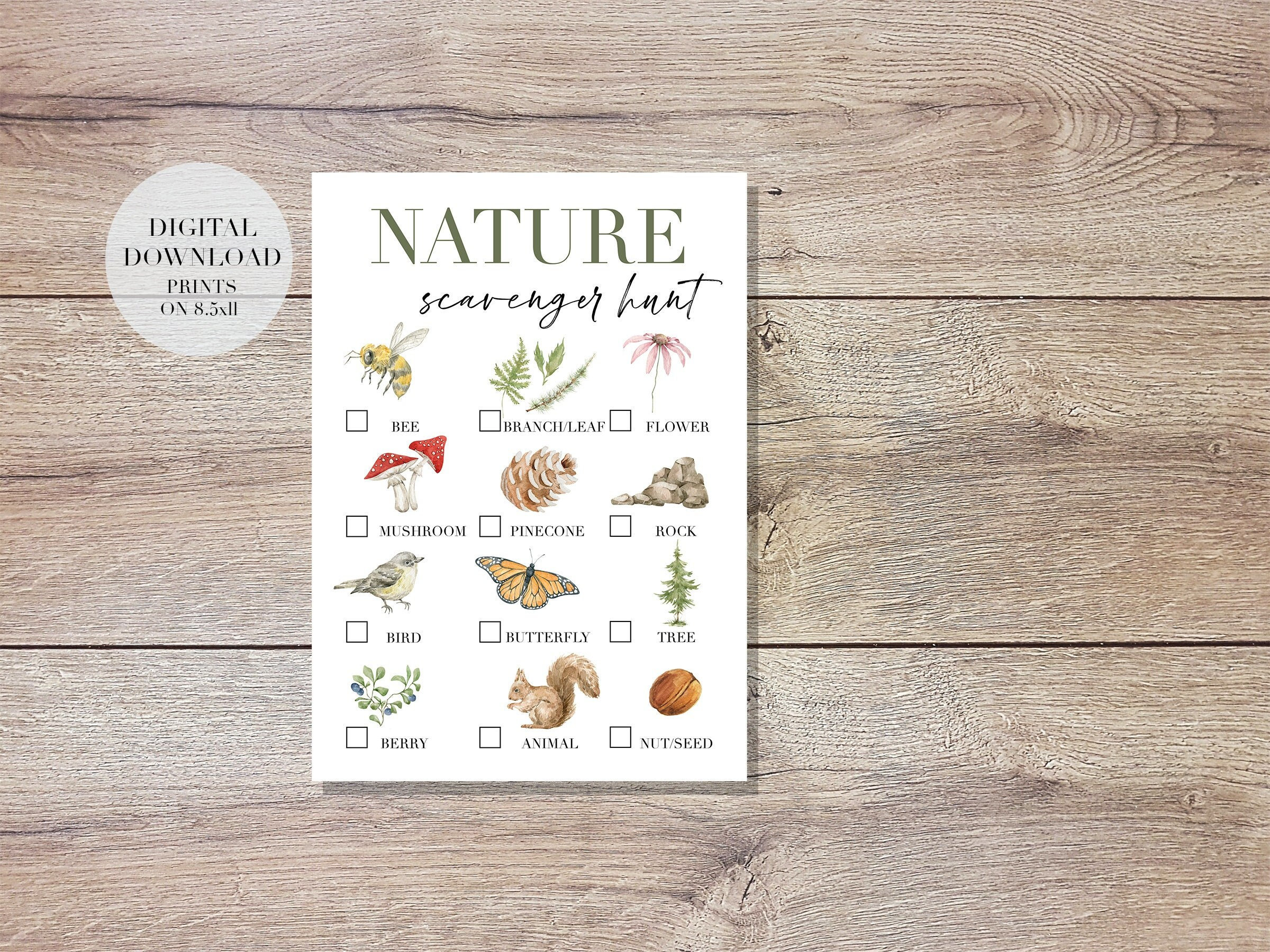 Printable Nature Scavenger Hunt for Kids, Watercolor Printable Activity ...