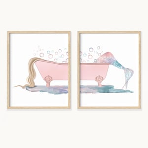 2 Print Set Mermaid in Bath Tub Art Printed and Shipped, Mermaid Tail Bathroom Decor, Unframed Or Framed In Solid Oak, Gold, Or Black.