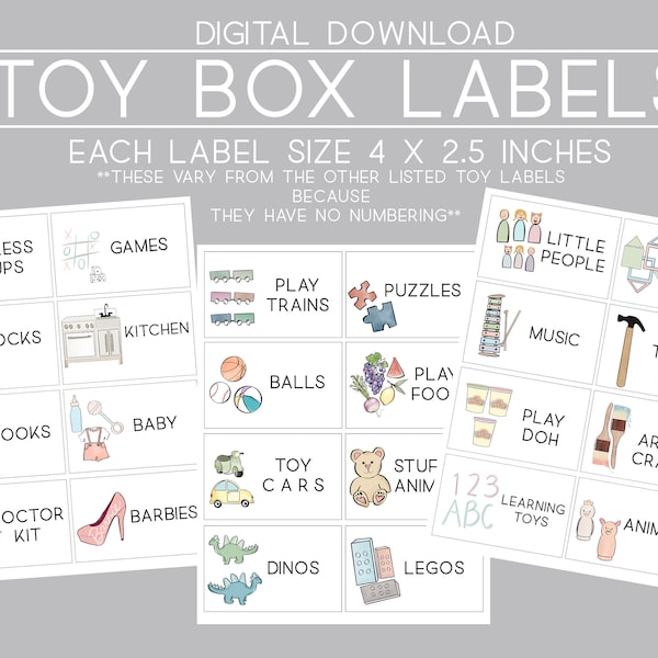 Kids Toy Room Organization Labels NO NUMBERS- Storage Picture Printables - Printable Playroom Toy Labels - Digital Download Toy Organization