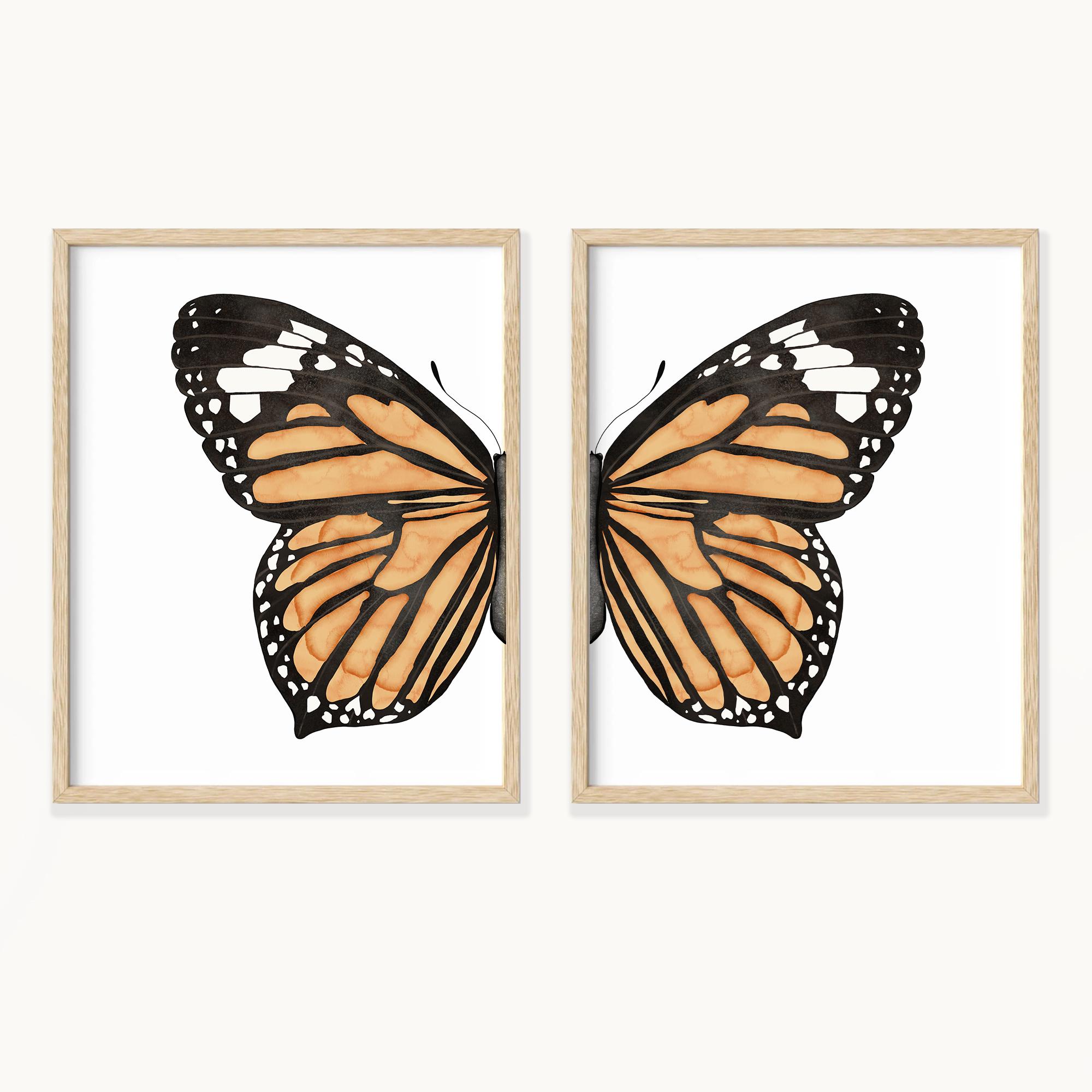 Watercolor monarch butterfly wall art, 2 prints split orange butterfly Unframed or Framed in solid Oak, Gold, Or Black.