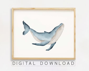 blue whale art print, ocean animal wall art digital download, whale wall decor for nursery, ocean bathroom theme, sea life watercolor prints