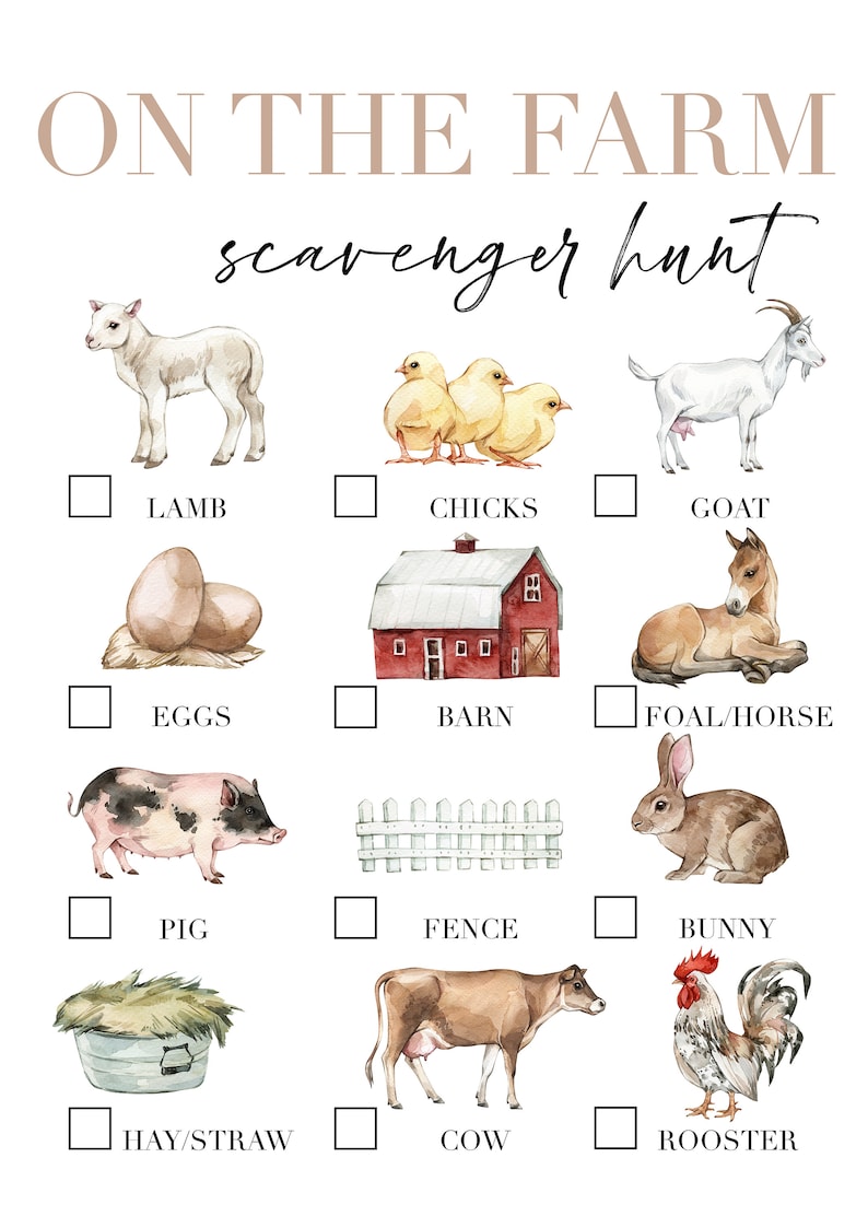 Printable Farm Scavenger Hunt for Kids, Farm Birthday Party Game, Farm ...
