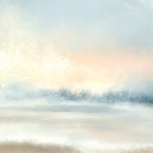 Pu&ograve; includere: Dipinto di paesaggio astratto con morbidi colori pastello. Il cielo azzurro chiaro si fonde con un orizzonte color pesca. Sotto, strati di blu e beige tenui creano profondit&agrave;, evocando una scena naturale serena.
