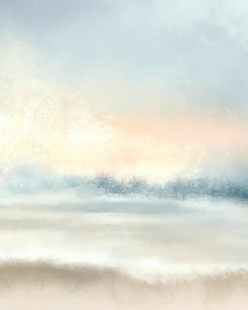 Pu&ograve; includere: Dipinto di paesaggio astratto con morbidi colori pastello. Il cielo azzurro chiaro si fonde con un orizzonte color pesca. Sotto, strati di blu e beige tenui creano profondit&agrave;, evocando una scena naturale serena.