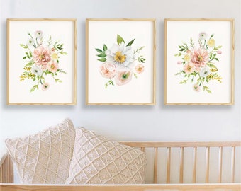 Girl Nursery Blush Pink Watercolor Floral Bouquets, Watercolor Floral Wall Art, Pink Floral Prints, Floral Nursery Art