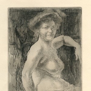 May include: A black and white etching of a nude figure, seated and leaning on an armrest. The artwork features detailed cross-hatching, creating shadows and texture. The figure is wearing a hat. The background includes vertical lines and a partial depiction of another figure.