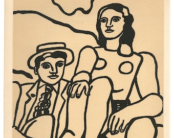 May include: A black and white illustration of two figures. One figure is wearing a suit and hat, the other is wearing a top with circles. The figures are sitting together. The background is a light tan colour.