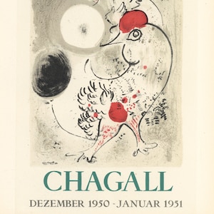 Pode incluir: Cartaz da exposição de Marc Chagall no Kunsthaus Zürich. A obra de arte é uma ilustração surrealista com figuras, um grande círculo branco e detalhes em vermelho. O texto inclui "CHAGALL" e as datas da exposição.