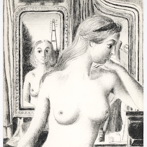 Könnte beinhalten: Eine Schwarz-Weiß-Radierung einer nackten Person, die nach unten blickt, mit einem Spiegelbild. Der Spiegel zeigt eine andere Person und eine Struktur. Das Kunstwerk ist mit der Nummer 12-75 signiert.