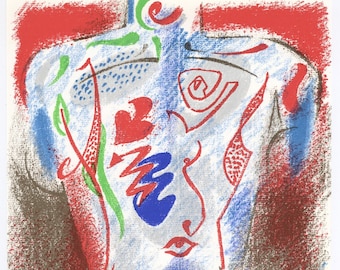 May include: Abstract artwork depicting a stylized human form. The figure is rendered in shades of blue, red, and green, with a textured, almost chalk-like appearance. The artwork features a floral motif at the base and various abstract shapes throughout the body.
