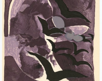 May include: Abstract art print in dark purple and lavender hues. The artwork shows stylized black birds flying against a textured backdrop. The composition includes a central arch-like shape.