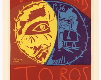 May include: A vibrant print with a split design: a yellow face and a blue scene. The artwork includes the text "VALLAVRIS" and "TOROS" in red, with the year "1956" visible. Signed "Picasso".