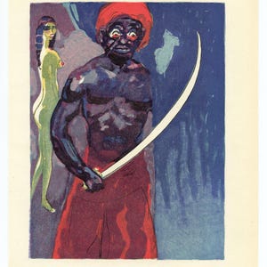 Może przedstawiać: Ilustracja przedstawiająca muskularną postać o ciemnej skórze, ubraną w czerwony turban i szatę, trzymającą zakrzywiony miecz. Naga postać stoi w tle. Grafika jest osadzona na ciemnoniebieskim tle.