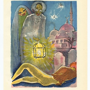 Może przedstawiać: Ilustracja w stylu vintage przedstawiająca scenę z postaciami, meczetem i świecącą latarnią. Grafika przedstawia mężczyznę z długą brodą trzymającego latarnię, kobietę w welonie i nagą postać. Tło obejmuje meczet z kopułami i minaretem.