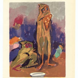 Może przedstawiać: Ilustracja przedstawiająca dwie postacie w draperowanych szatach, jedną stojącą i jedną leżącą. Grafika wykorzystuje brązowe, zielone i czerwone odcienie, z małą białą miską na dole. Tło ma odcienie niebieskiego, fioletowego i szarego.