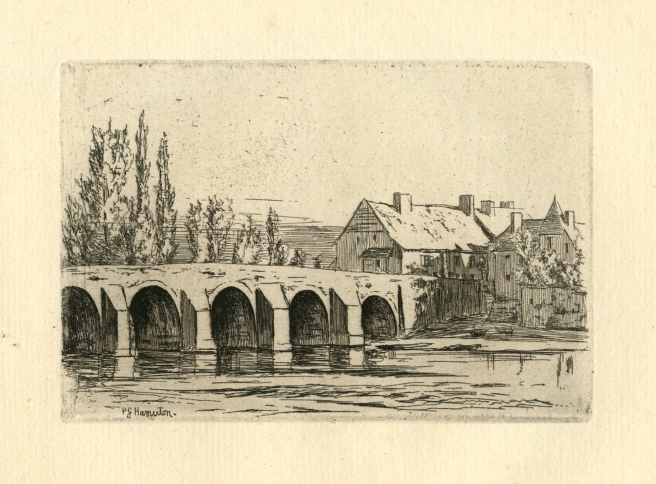 Philip Gilbert Hamerton original etching "Bridge of Toulon sur Arroux"