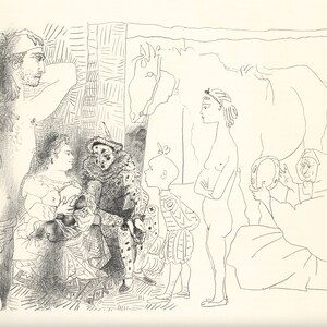 May include: A black and white line drawing depicting a group of figures in a theatrical or allegorical scene. The figures include a man with a feathered headdress, a woman holding a baby, and a harlequin. A horse is in the background.
