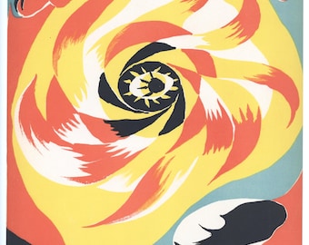 May include: Abstract art print featuring a spiral design with a yellow center, surrounded by red, black, and white shapes. The artwork has a retro style with bold colors and a dynamic composition. The artist's signature is in the bottom left corner.