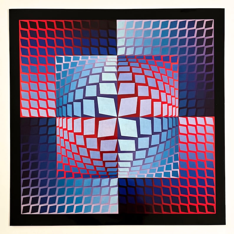 May include: Abstract geometric artwork featuring a central, spherical design composed of blue and white diamond shapes. The artwork is framed by a black border and incorporates red and blue diamond patterns in the corners. The overall effect is a vibrant, optical illusion.