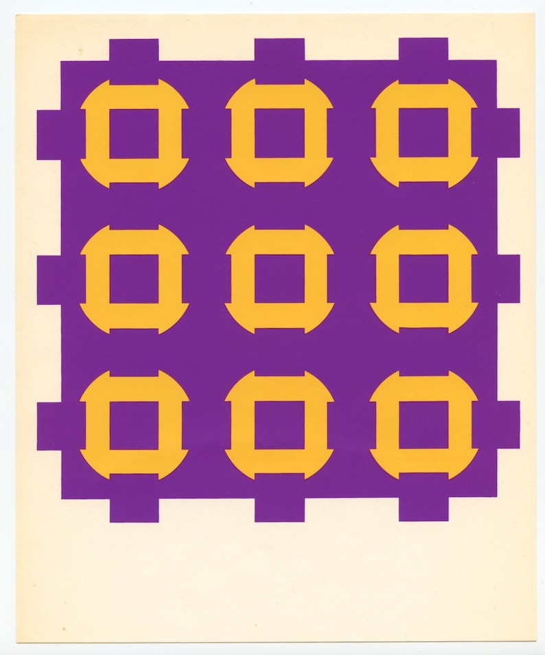 May include: Abstract geometric art print. Nine yellow squares are framed in purple, arranged in a grid on a cream background. The design has a mid-century modern aesthetic, with a bold and graphic style.