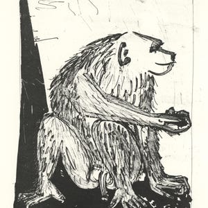 May include: A black and white sketch of a baboon in a seated position. The baboon has a long, shaggy coat and is holding something in its hands. The sketch is done in a loose, expressive style, with visible lines and shading.