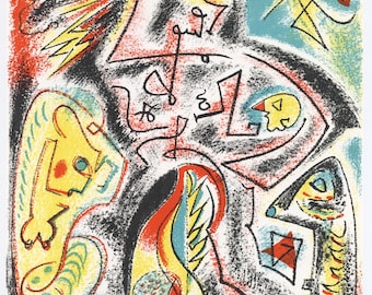 May include: Abstract art print with a mid-century modern aesthetic. The artwork features a vibrant mix of colors, including red, yellow, black, and blue. The composition includes geometric shapes and organic forms, creating a dynamic and visually engaging piece.