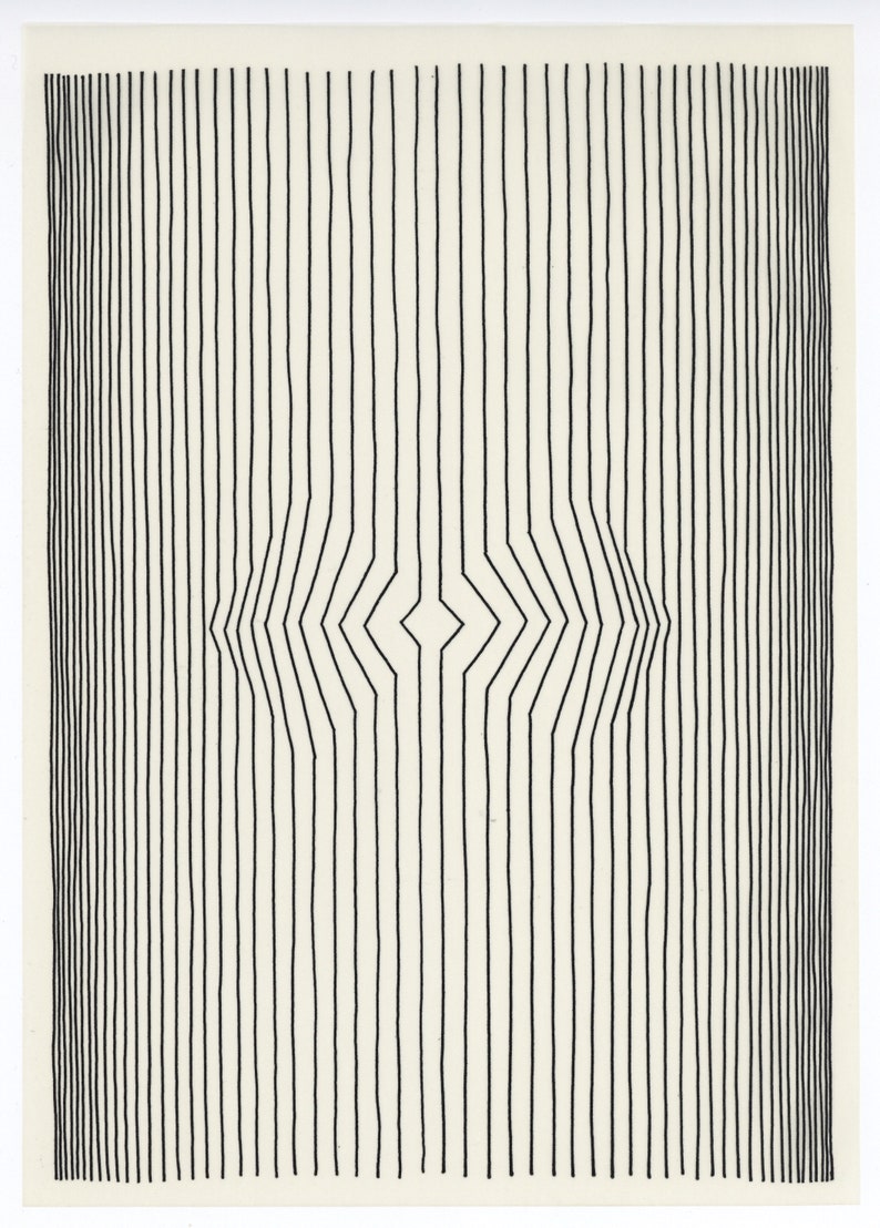 May include: Abstract black and white artwork featuring vertical lines that converge and diverge, creating a visual illusion. The lines are evenly spaced and form a diamond-like shape in the center. The background is a cream color.
