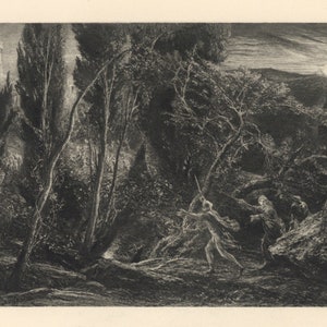 May include: A detailed black and white illustration depicts a dramatic scene in a forest. Figures are running through the trees, with a building visible in the background. The artwork has a classical, possibly historical, theme.