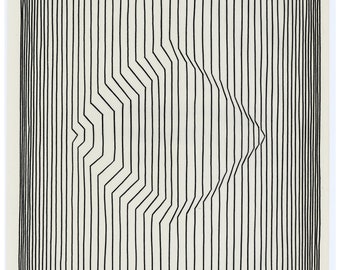 May include: Abstract black and white artwork with vertical lines that curve and shift, creating a 3D effect. The lines are evenly spaced on a cream background, producing an optical illusion.